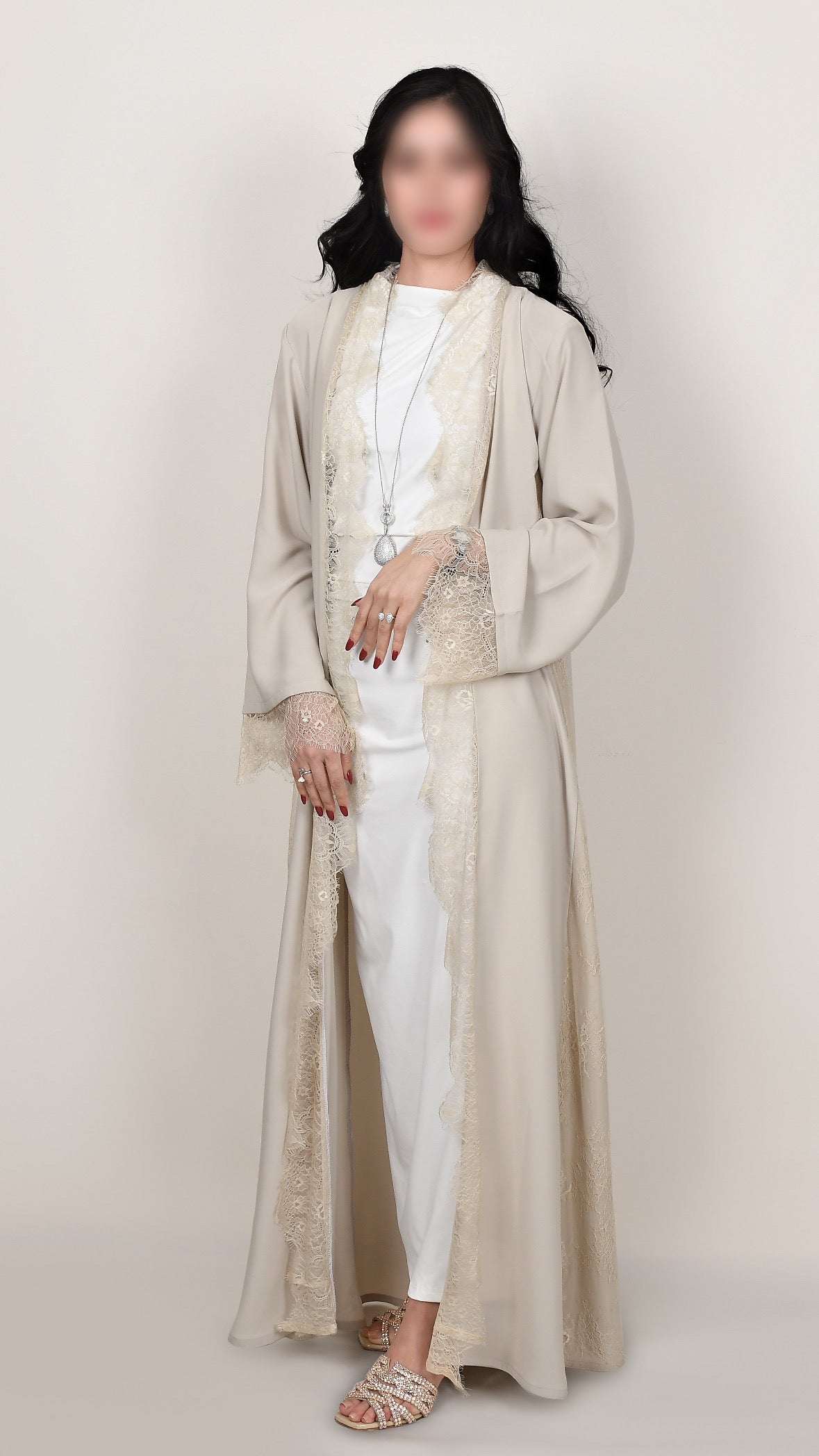 EQ04 Beige Lace Abaya