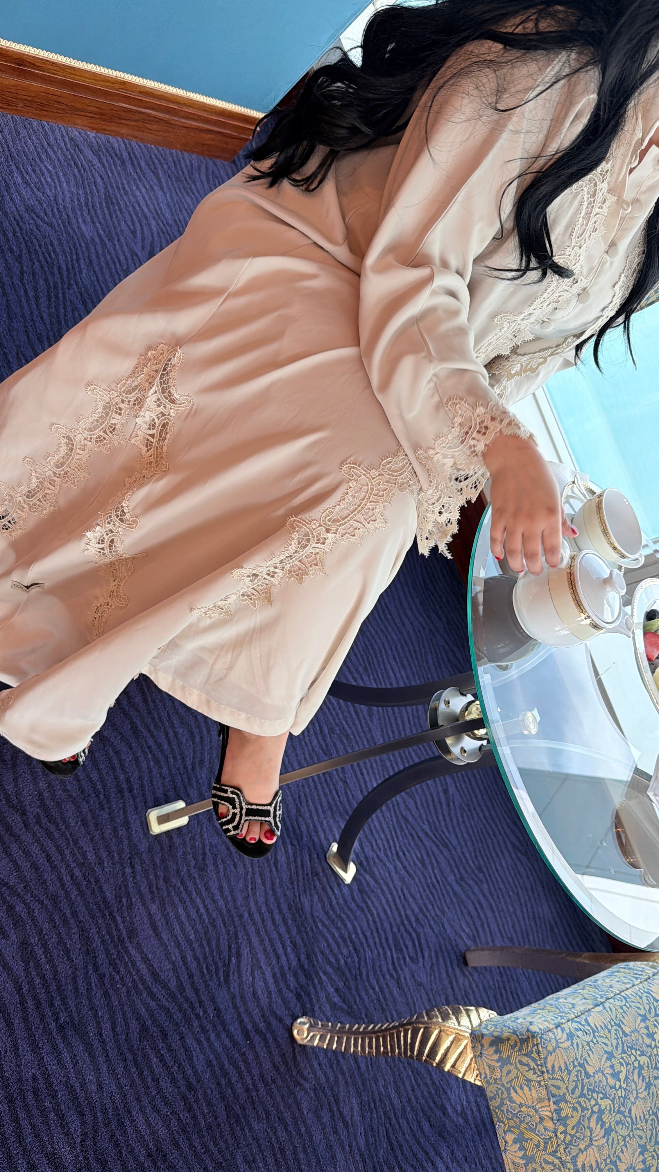EQ06 Beige Full Lace Abaya